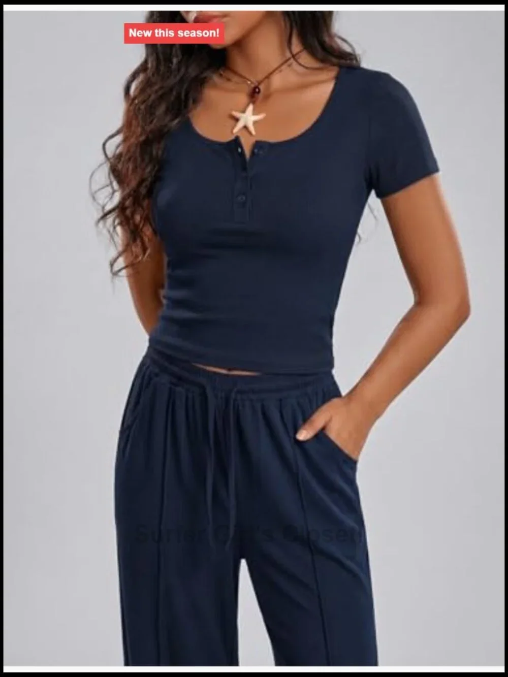 2 Piece Set Square Neck Henley Top and Wide Leg Pants Lounge Outfit with Pockets
